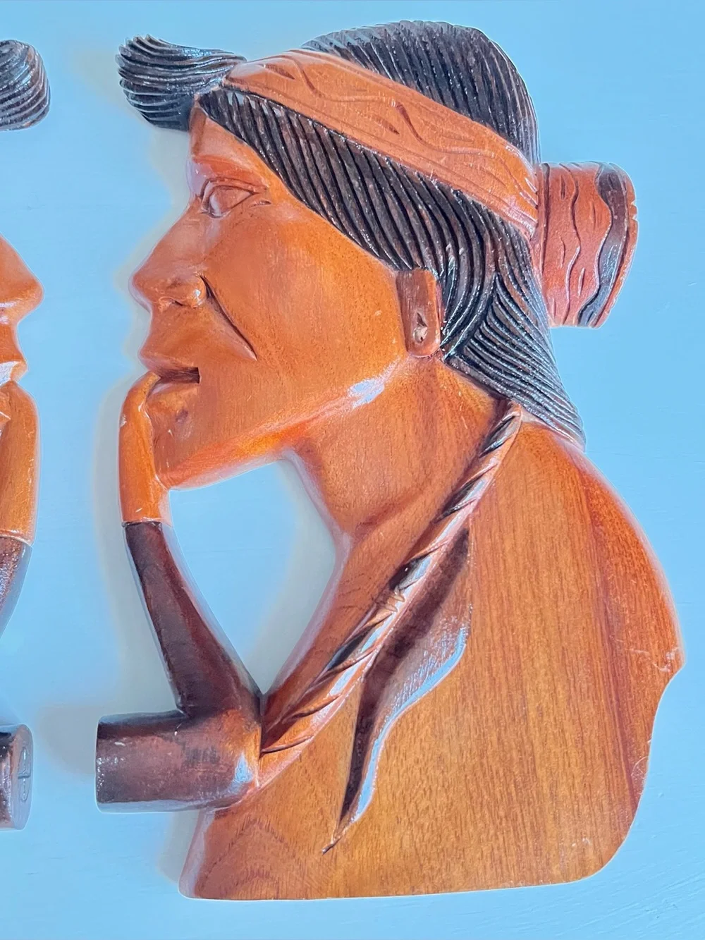 Mid Century Hand Carved Wooden Native American Figural Wall Plaques